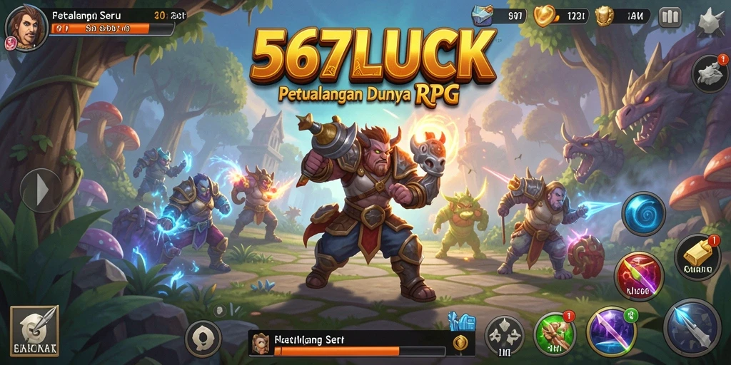 Screenshot utama 567LUCK menampilkan karakter dalam aksi bertarung di dunia RPG.