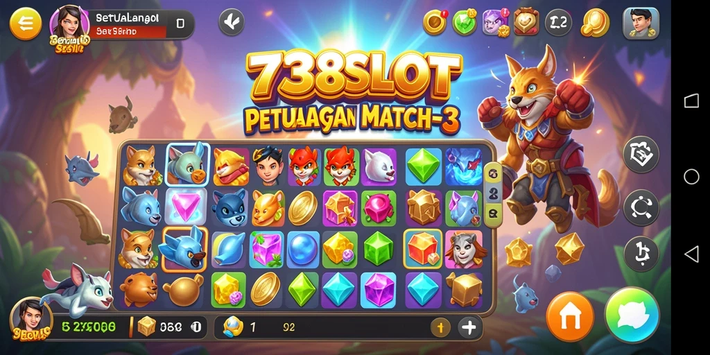 Screenshot gameplay 738SLOT menampilkan momen seru saat mencocokkan item warna-warni.