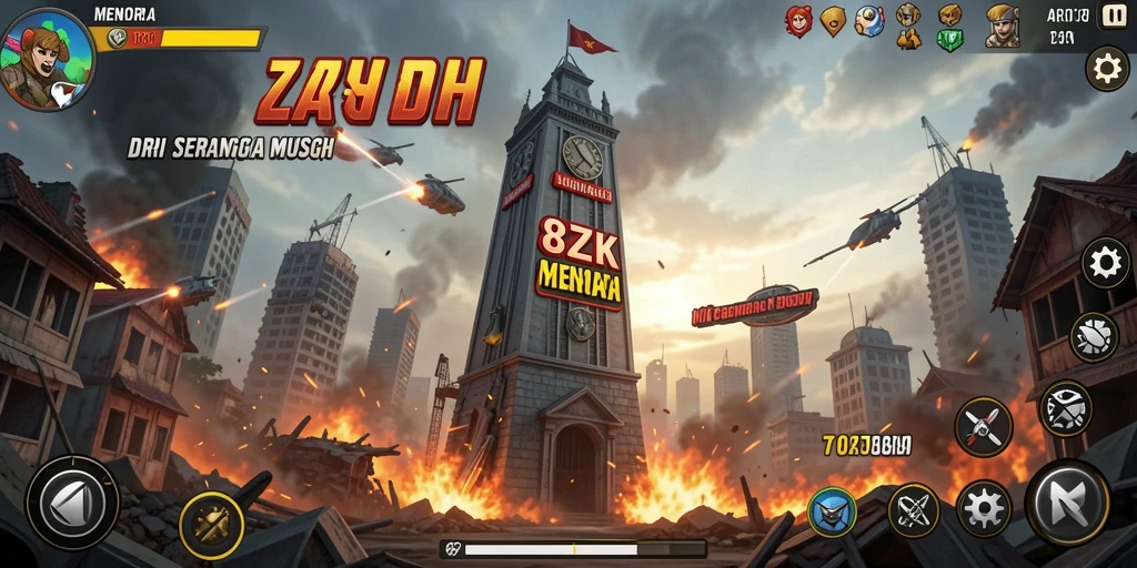 Screenshot gameplay <strong>8ZK</strong> menampilkan menara heroik melawan musuh yang berusaha menyerang.