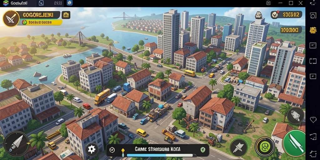 Screenshot utama Gameplay GOGOREJEKI menampilkan kota yang berkembang pesat.