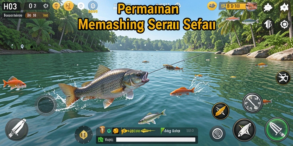 Screenshot gameplay H03 menunjukkan keseruan menangkap ikan besar.