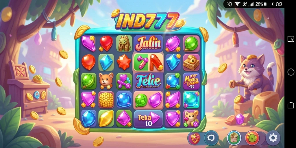 Tampilan gameplay IND777 dengan permata cerah dalam format Match-3.