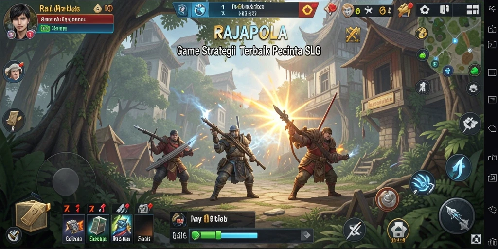 Screenshot menunjukkan aksi pertempuran epik dalam RAJAPOLA.