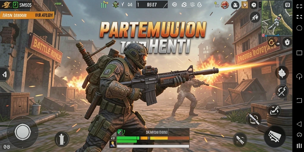 Screenshot gameplay SM605 dengan aksi Battle Royale yang mendebarkan.