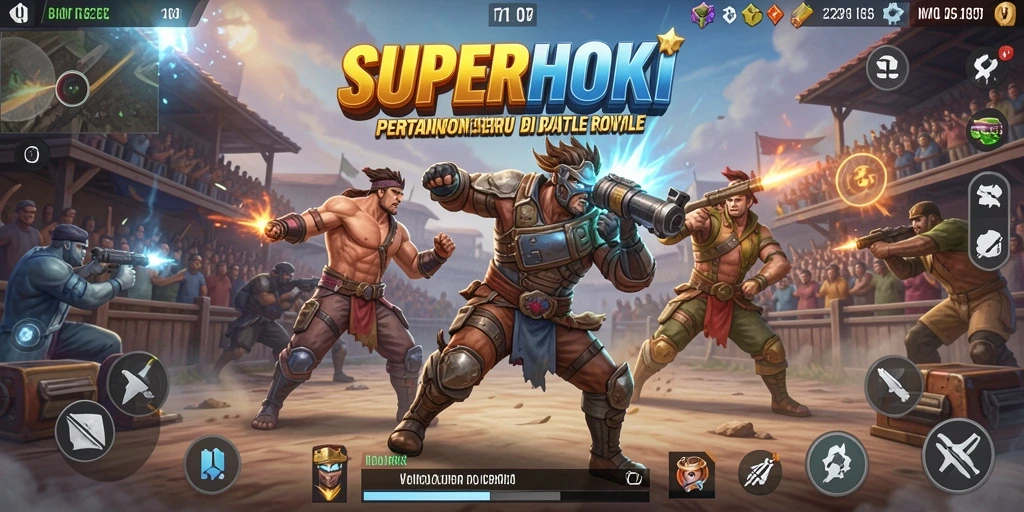 Screenshot utama gameplay SUPERHOKI menunjukkan duel seru dalam Battle Royale.