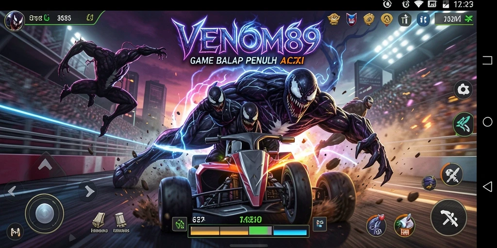 Screenshot utama VENOM889 menampilkan aksi balap yang mendebarkan dan mobil yang mengesankan.